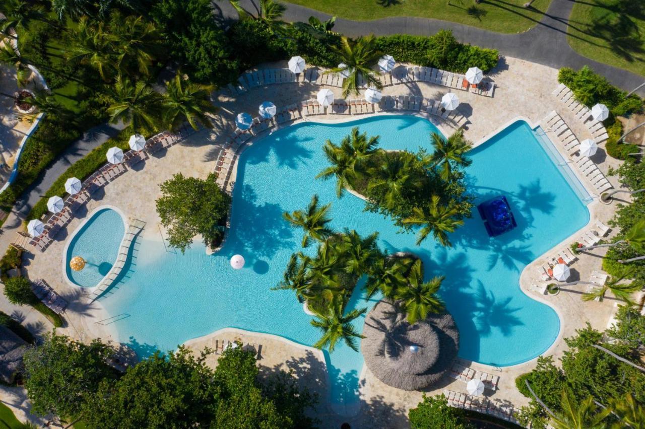 Impressive Punta Cana Exterior foto The photo shows an aerial view of a swimming pool area surrounded by lush greenery. The pool features a unique, irregular shape with several sections, including a shallow area and a large main pool. There are palm trees and small islands of vegetatio